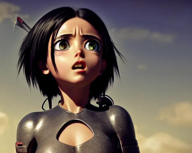 Image similar to battle angel alita, mouth open in awe, doe eyes, photorealistic, lifelike, portrait, octane engine, cinematic lighting, high detail, high resolution