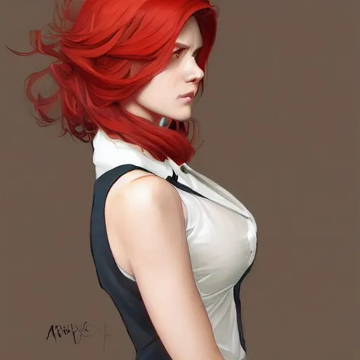 Image similar to a girl wearing a business suit, red hair, cinematic, stunning, highly detailed, digital painting, artstation, smooth, hard focus, illustration, art by artgerm and greg rutkowski and alphonse mucha