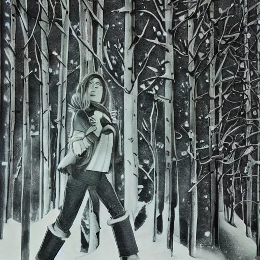 Prompt: beautiful woman with her eyes closed, close - up face, walking in the forest at night. winter. snow full moon. folk horror. hyper detailed. soviet propaganda socialist realism