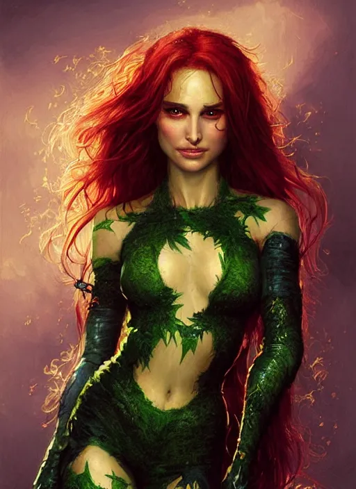 Prompt: A beautiful portrait of Natalie Portman as Poison Ivy from Batman movie, digital art by Eugene de Blaas and Ross Tran, vibrant color scheme, highly detailed, in the style of romanticism, cinematic, artstation, Greg rutkowski