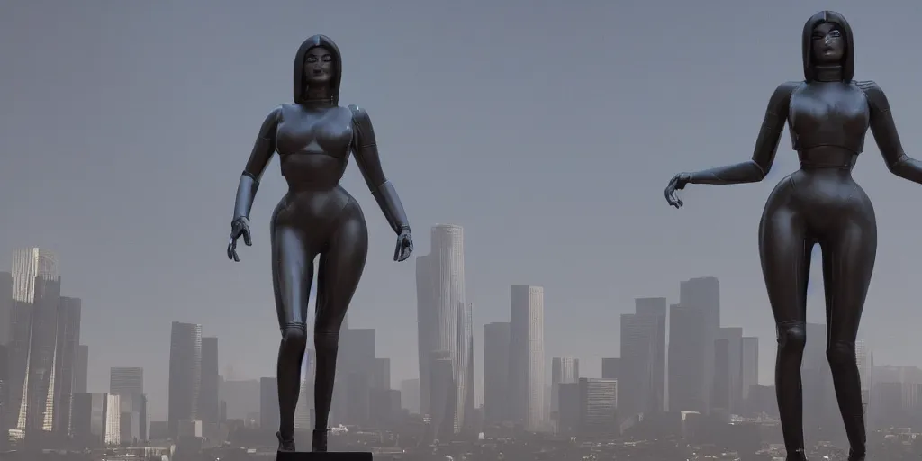 Image similar to cinematic wide angle view of a dystopian kylie jenner statue in the middle of los angeles being worshipped by shadow figures, orwellian, by neil blevins, high detail, digital art, pop art style, death stranding art style, cinematic lighting, artstation, cgsociety, unreal engine 5 render, octane render, 3 5 mm film grain