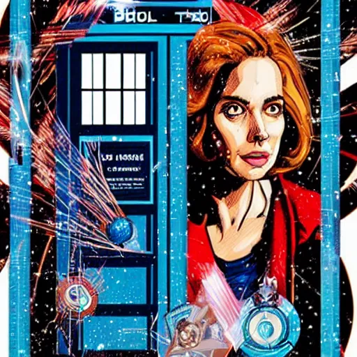Image similar to a portrait of Doctor Who and the TARDIS, by MARVEL comics and Sandra Chevrier