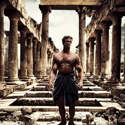 Prompt: portrait of Achilles, standing in ruins, fallen columns, highly detailed face, photo realistic, sharp facial features, tom chambers photography