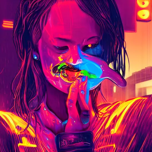 Image similar to portrait of taking a bite out of an edible rgb light with a gooey filling being sold at a road side stand, cyberpunk, high quality, digital art, ue 5,