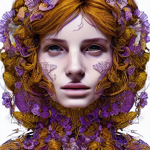 Image similar to the head of an incredibly elegant and beautiful woman partially made of potatoes and violets, an ultrafine detailed illustration by james jean, final fantasy, intricate linework, bright colors, behance contest winner, vanitas, angular, altermodern, unreal engine 5 highly rendered, global illumination, radiant light, detailed and intricate environment