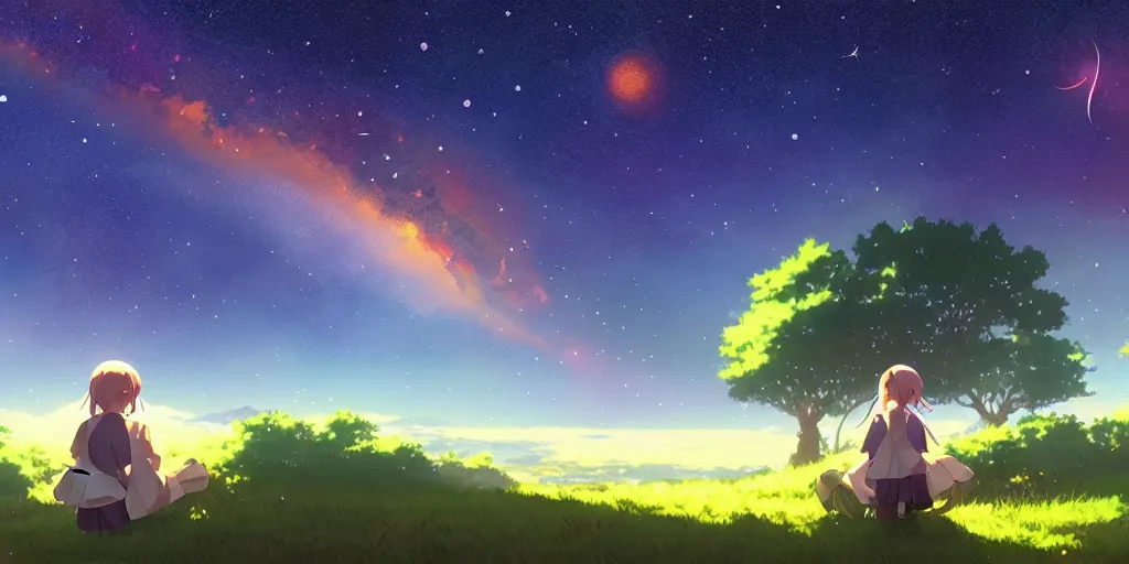 Prompt: a schoolgirl girl sat on the hillside and looked at the stars in the night sky, spectacular milky way, shining meteor, official media, anime key visual, detailed, artwork by makoto shinkai. - h 5 7 6