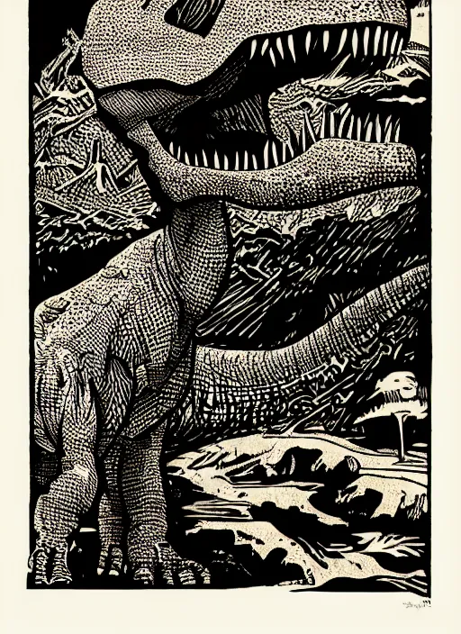 Prompt: dinosaur woodcut print by Samuel Jessurun de Mesquita