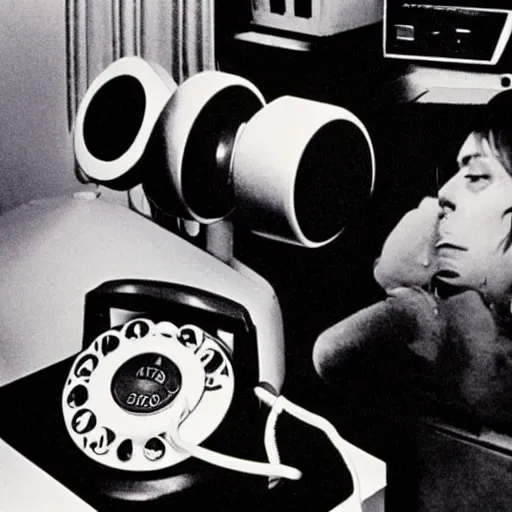 Image similar to a telephone has learned how to use itself and call other telephones, 1 9 7 8, high detail, depth, eerie, stanley kubrick movie still