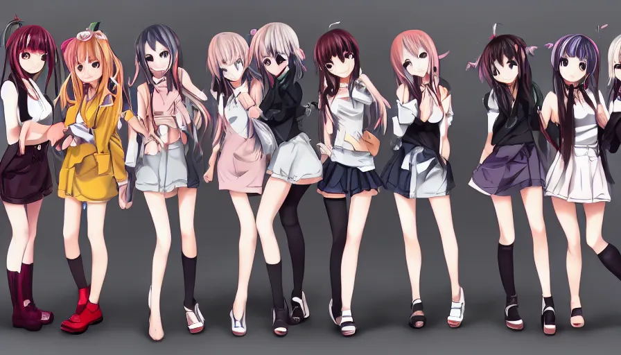 Image similar to group of cute anime characters in very short miniskirts, lightly dressed, ultra detailed digital art, hyper real, detailed, group photo, ultra detailed, ground up angle