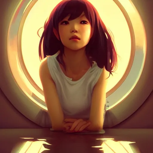 Image similar to very small little girl by ross tran : : reaching into their reflection in the mirror by sana takeda : : rtx reflections, very high intricate details, digital anime art by artgerm, medium shot, mid - shot, composition by ilya kuvshinov, lighting by greg rutkowski