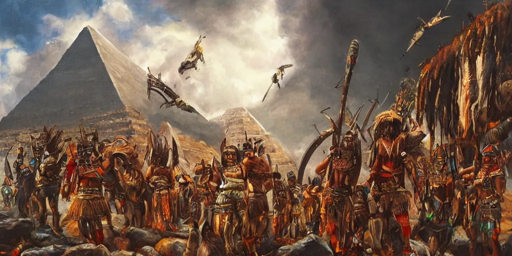 Image similar to simonetti rutkowski epic painting aztec warriors watching spaceship starship arriving to mesoamerican pyramid