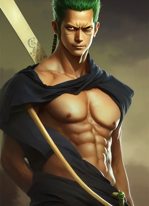 Image similar to ultra realistic illustration, handsome zoro. intricate, elegant, highly detailed, digital painting, artstation, concept art, smooth, sharp focus, illustration, art by artgerm and greg rutkowski and alphonse mucha and wlop