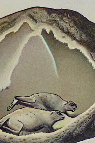 Image similar to A vintage scientific illustration from the 1970s of fawns forming caves with their bodies