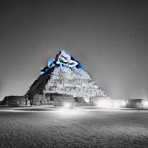 Image similar to pyramids of giza at night, neon lit