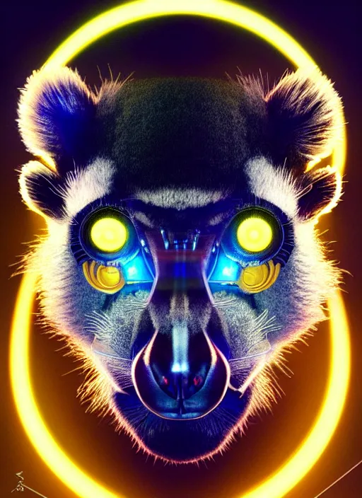 Image similar to symmetry!! portrait of a lemur, sci - fi, tech wear, blue and yellow glowing lights!! intricate, elegant, highly detailed, digital painting, artstation, concept art, smooth, sharp focus, illustration, art by artgerm and greg rutkowski and alphonse mucha