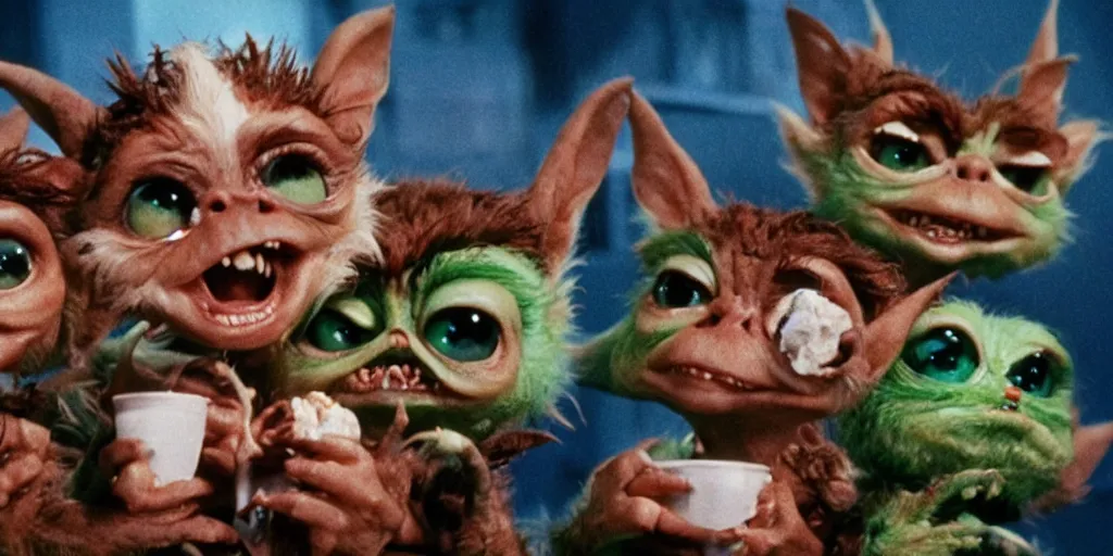 Image similar to gremlins movie, the gremlins are eating cream cakes, trending on artstation, 8K, ultra wide angle, pincushion lens effect