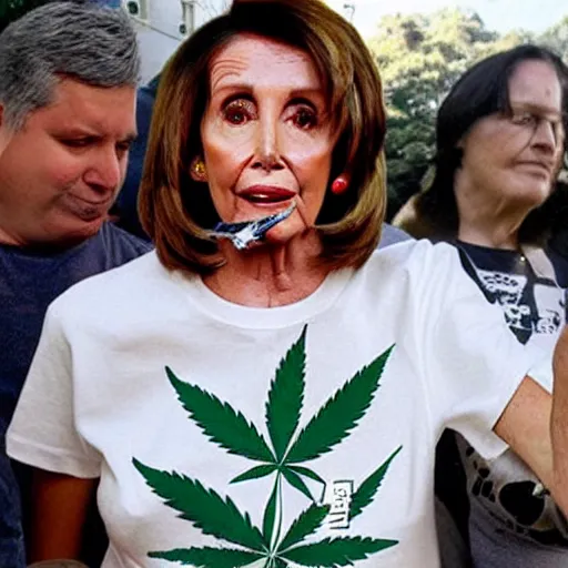 Prompt: Nancy Pelosi smoking a joint and wearing a tshirt with a marijuana leaf on the tshirt