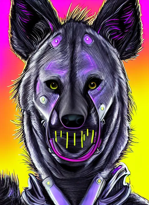 Image similar to digital drawing of anthromorphic hyena female drawn in cell shaded, fursona, furry fandom, neon rainy cyberpunk setting, anthro, wearing cyberpunk 2 0 7 7 jacket, detailed face,