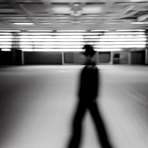 Prompt: There are two young male shadowy figures in a large empty hall, total view, long exposure, motion blur, polaroid picture, black-and-white, 35mm