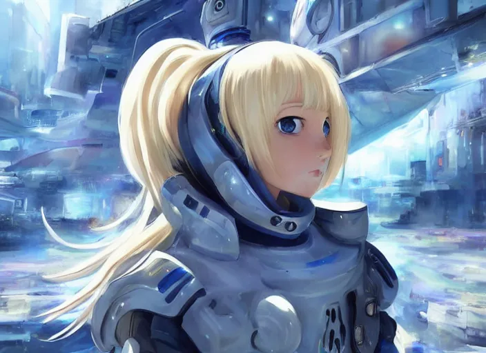 Prompt: blue eyed blonde anime girl in futuristic space suit, dynamic composition, motion, ultra-detailed, incredibly detailed, a lot of details, amazing fine details and brush strokes, colorful and grayish palette, smooth, HD semirealistic anime CG concept art digital painting, watercolor oil painting of Clean and detailed post-cyberpunk sci-fi close-up schoolgirl in asian city in style of cytus and deemo, blue flame, relaxing, calm and mysterious vibes,, by a Chinese artist at ArtStation, by Huang Guangjian, Fenghua Zhong, Ruan Jia, Xin Jin and Wei Chang. Realistic artwork of a Chinese videogame, gradients, gentle an harmonic grayish colors. set in half-life 2, Matrix, GITS, Blade Runner, Neotokyo Source, Syndicate(2012), dynamic composition, beautiful with eerie vibes, very inspirational, very stylish, with gradients, surrealistic, dystopia, postapocalyptic vibes, depth of field, mist, rich cinematic atmosphere, perfect digital art, mystical journey in strange world