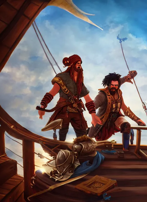 Image similar to an epic fantasy comic book style portrait painting of two bumbling idiot sky - pirates on the deck of a skyship looking at a chest, unreal 5, daz, hyperrealistic, octane render, cosplay, rpg portrait, dynamic lighting, very detailed faces