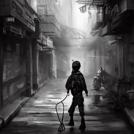 Image similar to black and white female soldier with sniffer dog exploring urban environment, concept art trending on art station 4k award-winning unreal engine