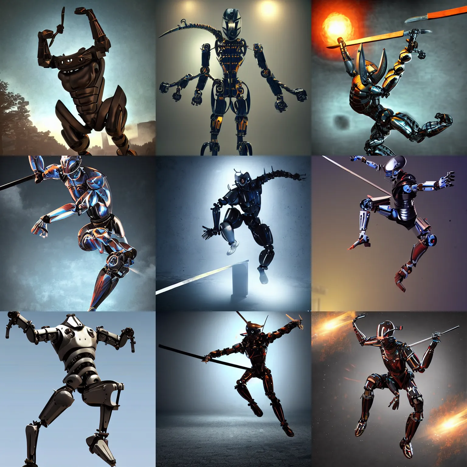 Prompt: acrobatic agile thin but muscular humanoid robot with samurai sword and mask during a jump, character art, digital art, volumetric lighting, highly detailed, coherent