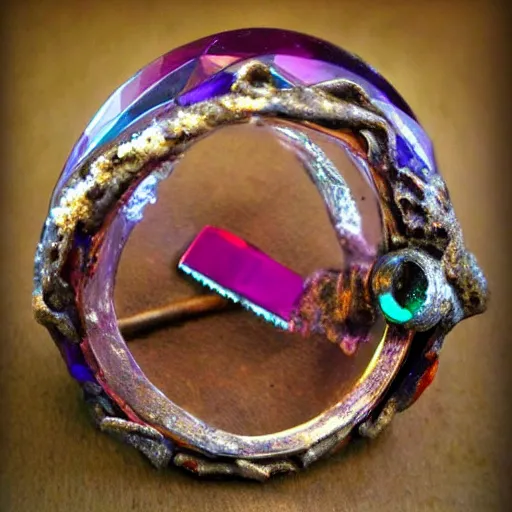 Image similar to 4 eyed crystal piece of metal, rough, deep gorgeous colors, ultra detailed