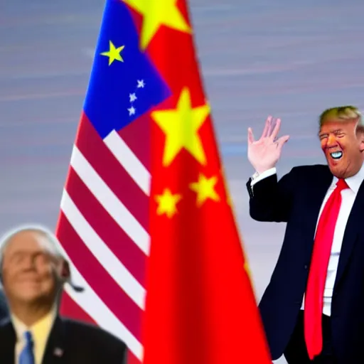 Image similar to donald trump waving giant china flag laughing hysterically