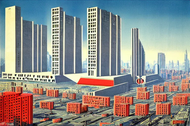 Prompt: surreal key sage soviet union city of the future with massive brutalist architecture and propaganda posters