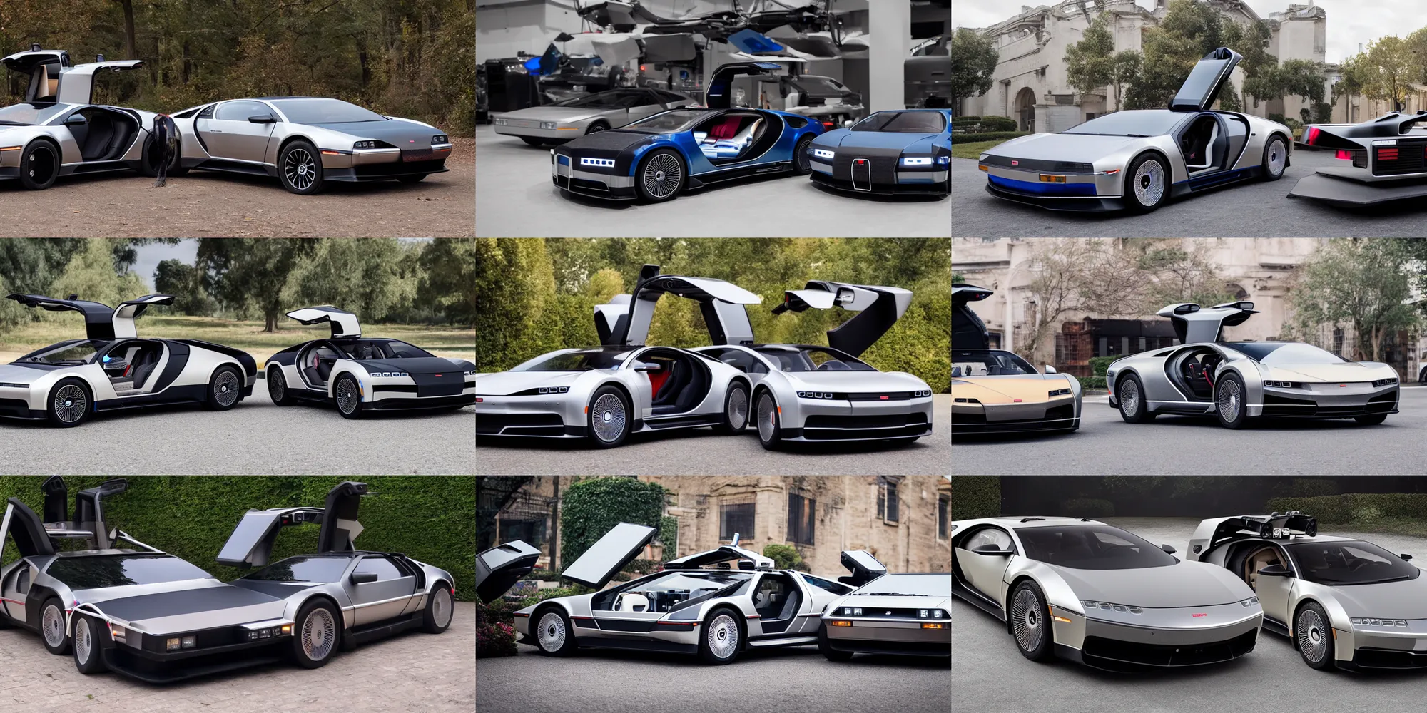 Image similar to a single delorean and bugatti chiron model 3 hybrid, dslr