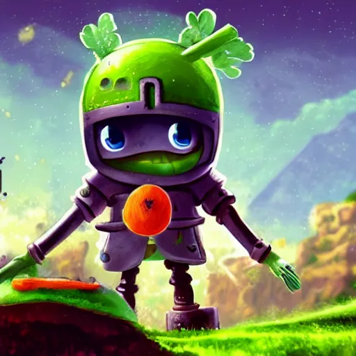 Prompt: little happy robot with big avocado hat and a carrot sword, made in abyss style, detailed background