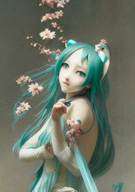 Image similar to hatsune miku and cinnamoroll, dance, intricate, elegant, highly detailed, digital painting, artstation, concept art, smooth, sharp focus, illustration, art by artgerm and greg rutkowski and alphonse mucha and william - adolphe bouguereau