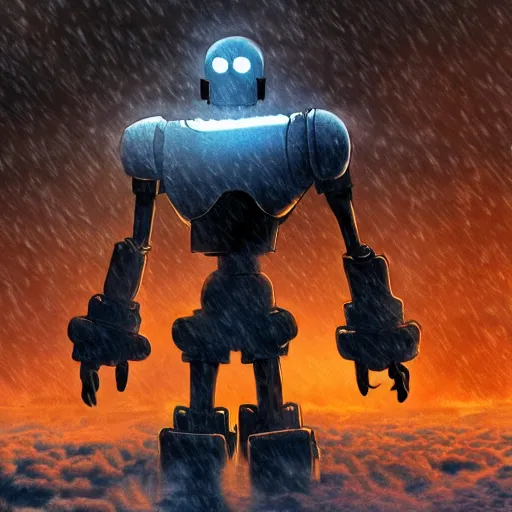 Image similar to the iron giant in war mode standing in the snow, highly detailed, steam punk, midjourney, 70's sci-fi, deep aesthetic, 4k, highly ornate intricate details, rich colors, digital artwork, symmetrical, ray tracing,