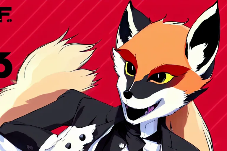 Image similar to a furry tan male fox on a persona 5 : royal ( by atlus ) video game splash screen, a furry male sandcolored tan fox fursona ( has hair ), persona 5 phantom thief style