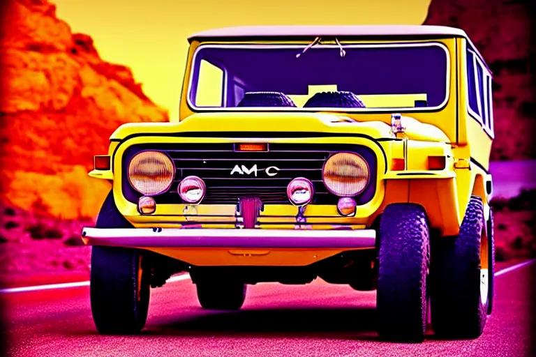 Image similar to stylized poster of a single 1 9 6 9 amc amx / 3 fj 4 0 land cruiser, thick neon lights, ektachrome photograph, volumetric lighting, f 8 aperture, cinematic eastman 5 3 8 4 film