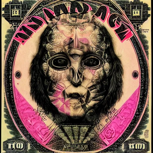 Image similar to post - punk new age album cover, asymmetrical design, dollar bank notes, capitalism, magic, apocalypse, psychedelic, black white pink, magic, giger h. r., giuseppe arcimboldo