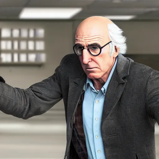 Image similar to Live Action Still of Larry David evading the cops in Breaking Bad, real life, hyperrealistic, ultra realistic, realistic, highly detailed, detailed, very detailed, cool, ultra detailed, very realistic, trending on artstation, epic, HD quality, 8k resolution, body and headshot, film still, real, detailed face, very detailed face, real life