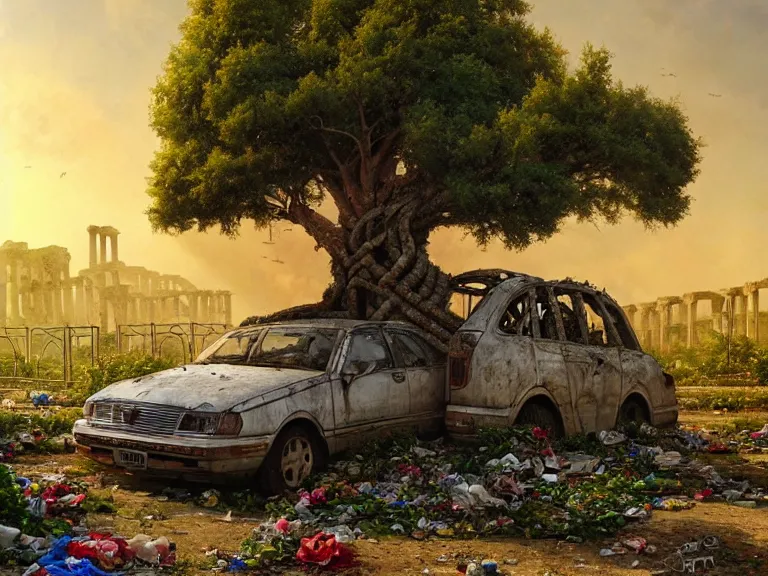 Image similar to a tree growing on a scrap car in ancient greek ruins, gray wasteland, many scrap cars, trash, rubble, overgrown, pillars and arches, colorful flowers, vines, hyperrealistic, highly detailed, cinematic, ray of golden sunlight, beautiful, cgsociety, artstation, 8 k, oil painting by greg rutkowski, by artgerm, by wlop