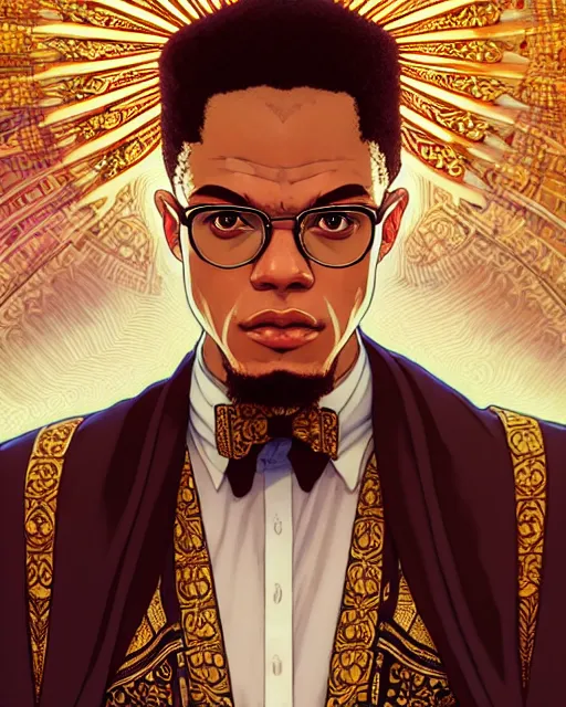 Image similar to symmetry!!!!!! beautiful malcolm x anime summer speaker close portrait, wearing ornate clothing, ultra detailed, elegant, intricate, anime, dynamic lighting, dnd, glowing lights, digital art, digital painting, artstation, wlop, sharp focus, illustration, art by artgerm and greg rutkowski and alphonse mucha, 8 k