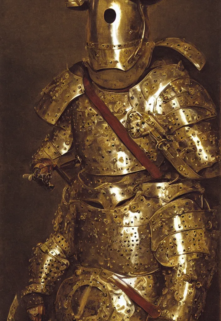 Image similar to portait of a man in decorated medieval baroque style armor and helmet and big golden cross on his chest plate high resolution high detail