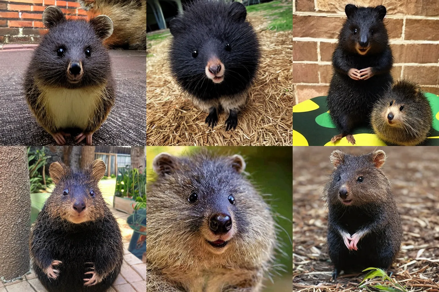 Prompt: black hair wig on a quokka