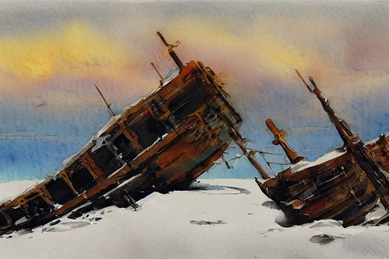 Image similar to small centered on watercolor paper, paint brush strokes, abstract watercolor painting of ancient viking shipwreck in frozen lake in snow, daylight, blue sky, cinematic light, national romanticism by hans dahl, by jesper ejsing, by anders zorn, by greg rutkowski, by greg manchess, by tyler edlin