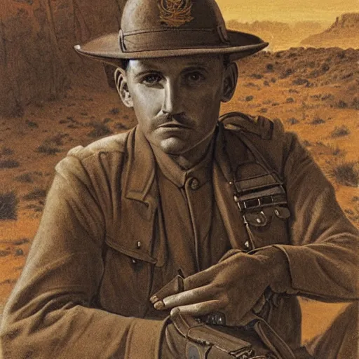 Image similar to a detailed photorealistic sepia - toned color portrait painting of a 1 9 1 7 worried clean - shaven british lieutenant in field gear from the arab bureau in wadi rum, ultra realistic, intricate details, atmospheric, dark, brooding, highly detailed, by clyde caldwell