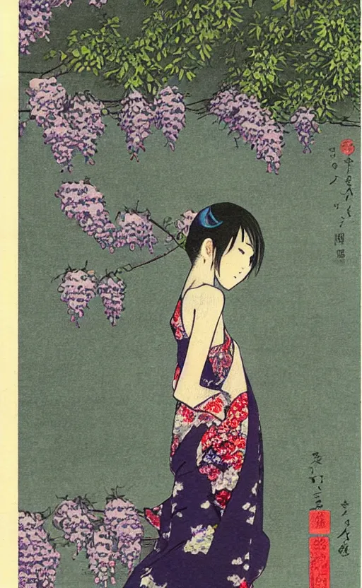 Image similar to by akio watanabe, manga art, a girl and wisteria tree, trading card front, kimono, realistic anatomy, half moon in the background