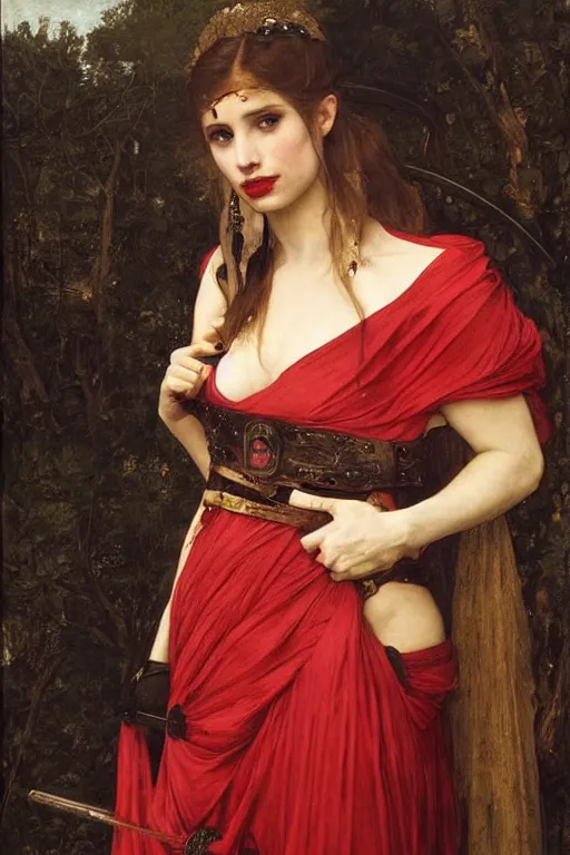 Image similar to emma roberts as a bandit queen, goddes of the vampires, red silk dress, bloodshot eyes by edgar maxence and caravaggio and michael whelan and delacroix