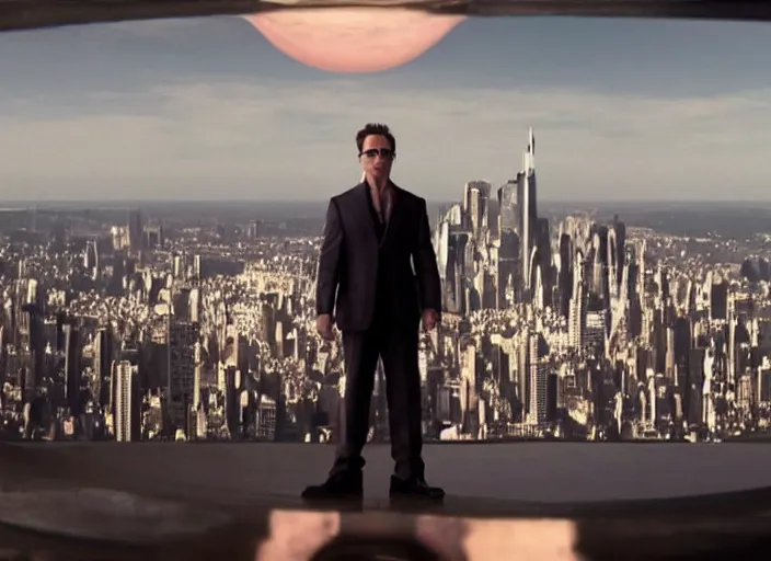 Prompt: film still of Robert Downey Jr as Cobb with the world bending in the background in Inception, 4k