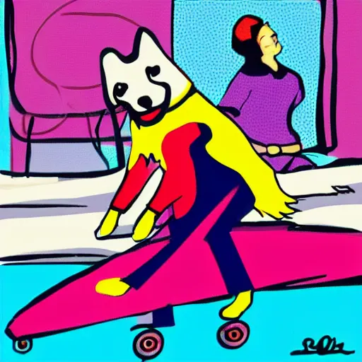 Image similar to red haired woman skateboarding pulled by a beagle and a husky dog on leashes, in the pop art style, bright colours