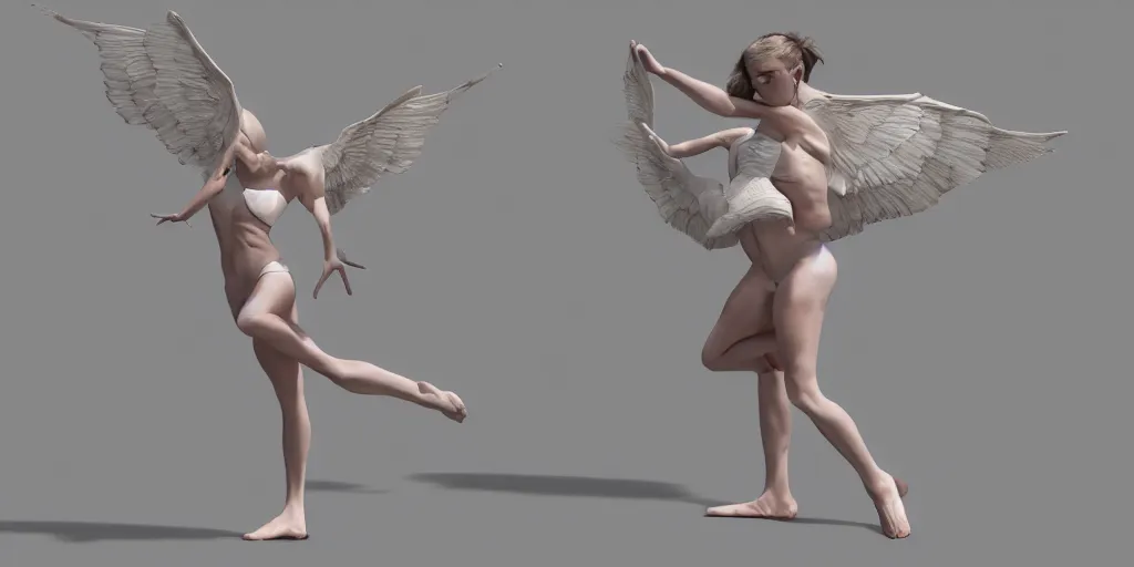 Image similar to Goosegirl render by Ryan Reos, rendered in OctaneRender at 4k for 12 hours. A girl who is part girl, part goose, centered in the render, with her wings outstretched.