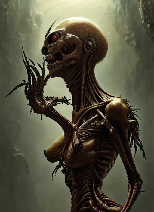 Image similar to ultra realistic, human alien predator hybrid, gothic, fantasy, flesh, bone, body horror, intricate details, eerie, highly detailed, octane render, 8 k, art by artgerm and alphonse mucha and greg rutkowski